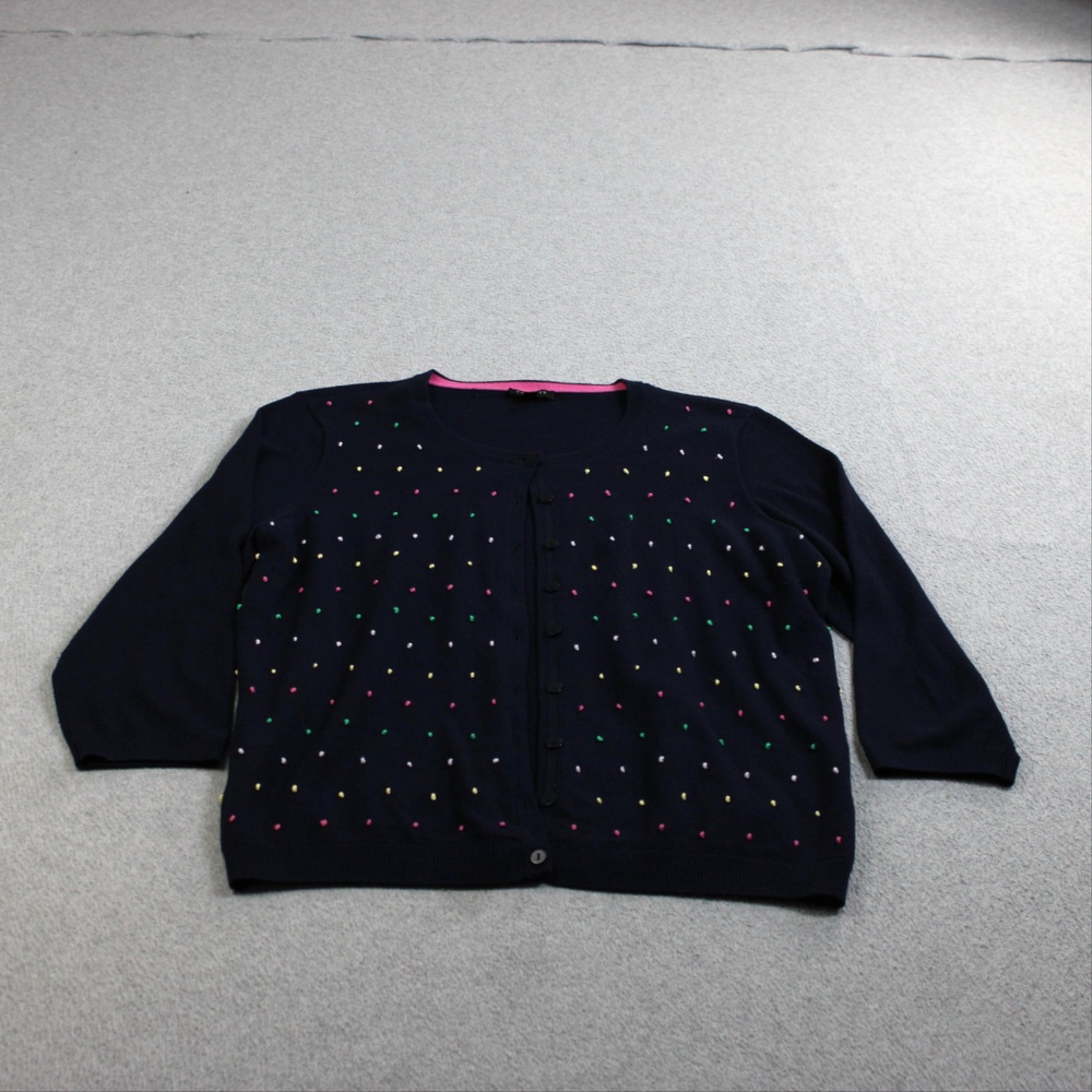 Talbots Sweater Women Large Petite Blue Cardigan Polka Dot 3/4 Sleeve Twee Offic